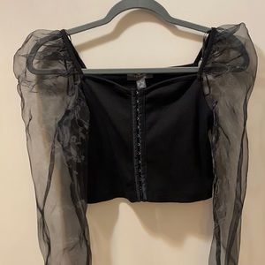 NWOT Black Blouse Front-Clasp Dramatic Arms